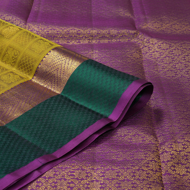 Hayagrivas Handloom Sampanga Yellow Kanjivaram Silk Saree with Peacock Green Border KBF205E25-1