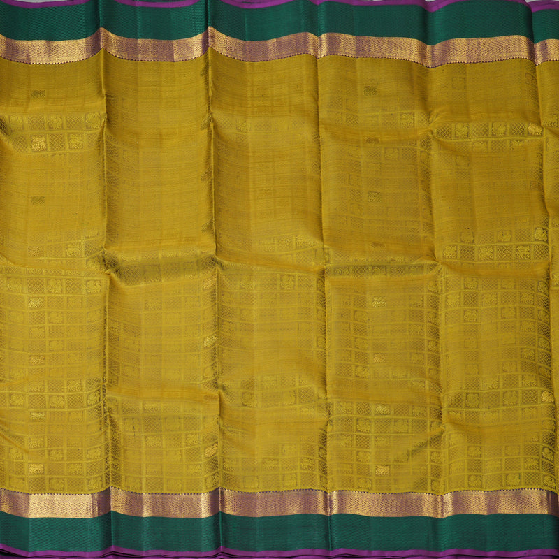 Hayagrivas Handloom Sampanga Yellow Kanjivaram Silk Saree with Peacock Green Border KBF205E25-1