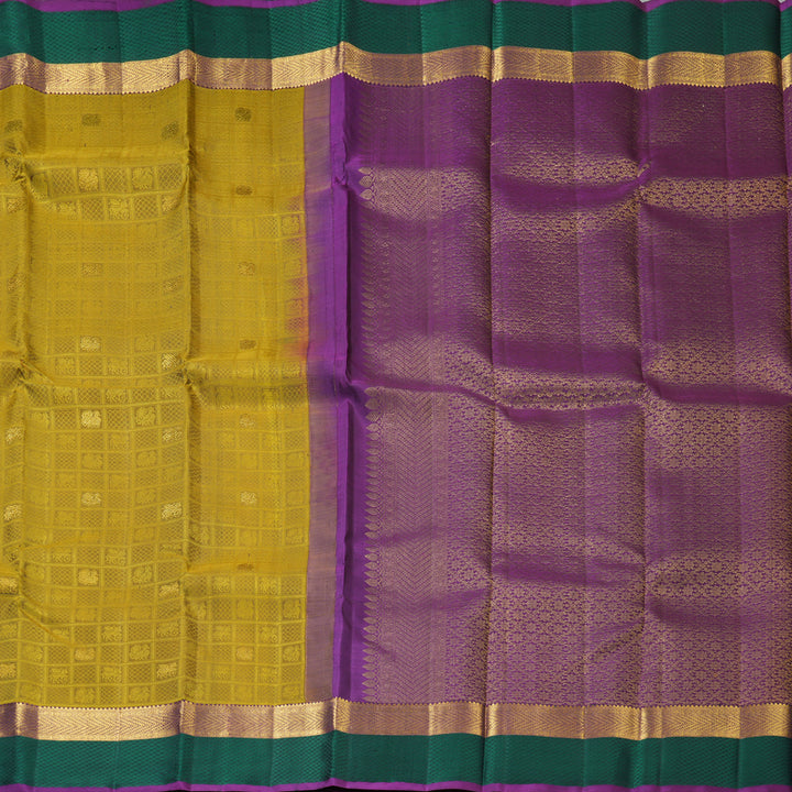 Hayagrivas Handloom Sampanga Yellow Kanjivaram Silk Saree with Peacock Green Border KBF205E25-1