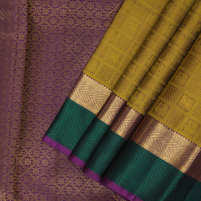 Hayagrivas Handloom Sampanga Yellow Kanjivaram Silk Saree with Peacock Green Border KBF205E25-1