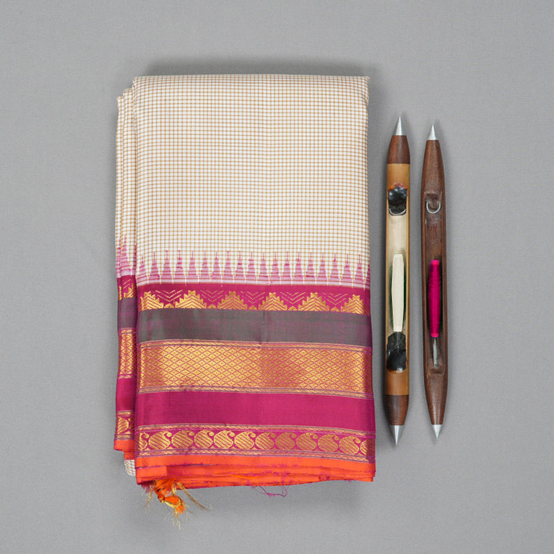 Hayagrivas Handloom Half-White Kanjivaram Silk Saree with Pink Border KBF205E27-1