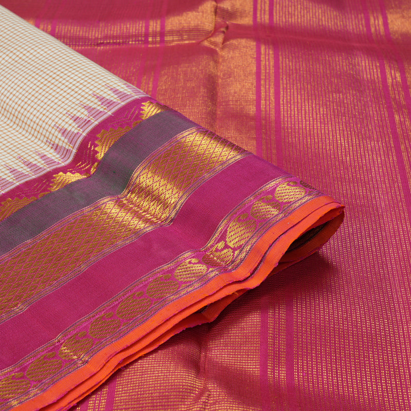 Hayagrivas Handloom Half-White Kanjivaram Silk Saree with Pink Border KBF205E27-1