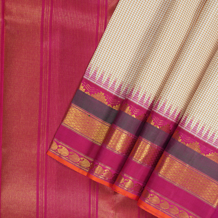 Hayagrivas Handloom Half-White Kanjivaram Silk Saree with Pink Border KBF205E27-1