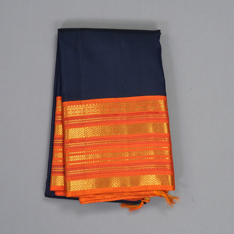 Hayagrivas Handloom Navy Blue Kanjivaram Silk Saree with Orange Border KBF205E28-1
