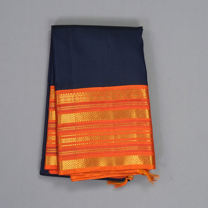 Hayagrivas Handloom Navy Blue Kanjivaram Silk Saree with Orange Border KBF205E28-1