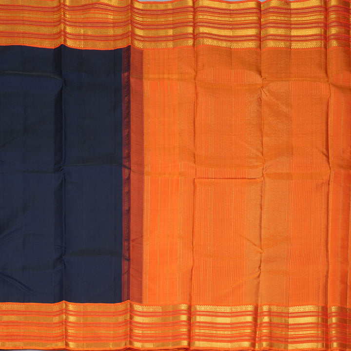 Hayagrivas Handloom Navy Blue Kanjivaram Silk Saree with Orange Border KBF205E28-1