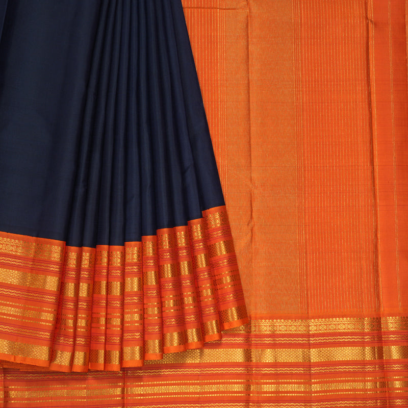 Hayagrivas Handloom Navy Blue Kanjivaram Silk Saree with Orange Border KBF205E28-1