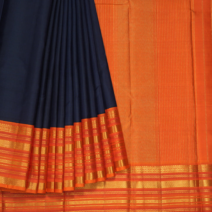 Hayagrivas Handloom Navy Blue Kanjivaram Silk Saree with Orange Border KBF205E28-1