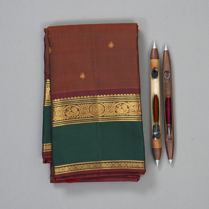 Hayagrivas Handloom Deep Rust Kanjivaram Silk Saree with Bottle Green Border KBF205E33-1