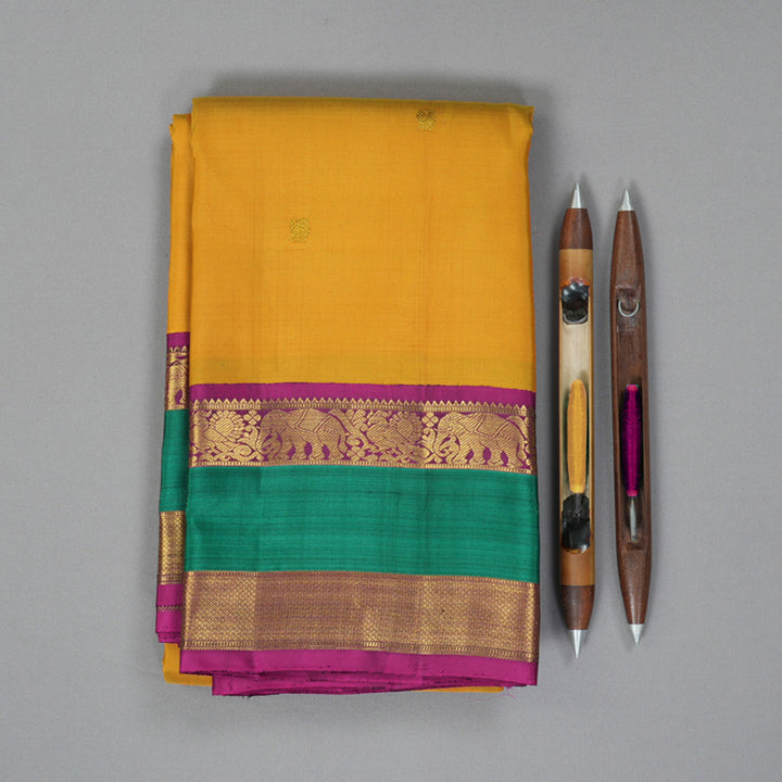 Hayagrivas Handloom Mustard Yellow Kanjivaram Silk Saree with Purple Border KBF205E40-1