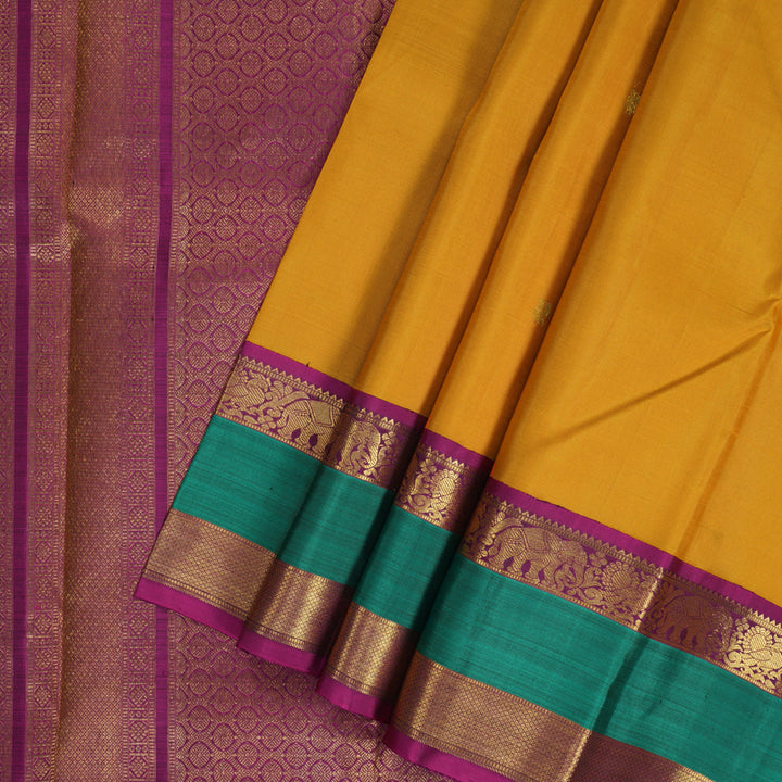 Hayagrivas Handloom Mustard Yellow Kanjivaram Silk Saree with Purple Border KBF205E40-1