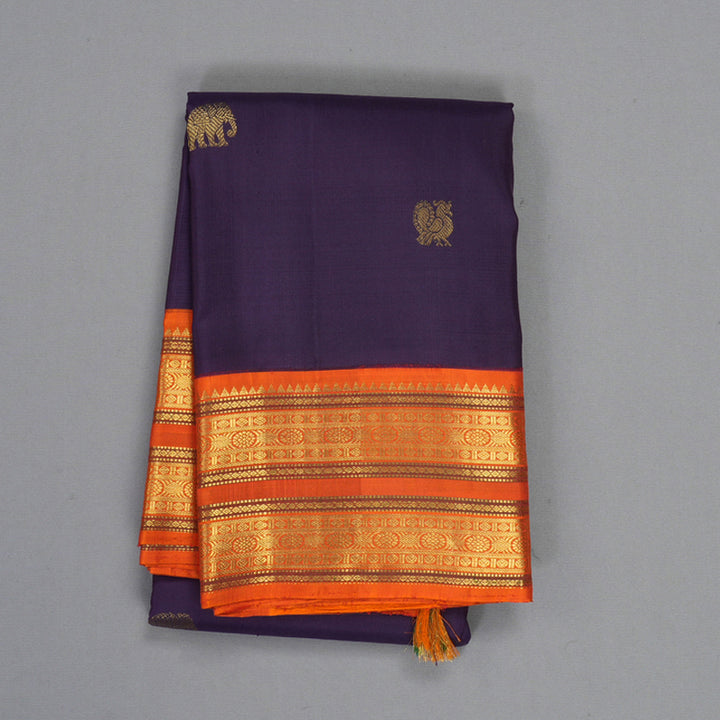 Hayagrivas Handloom Brinjal Purple Kanjivaram Silk Saree with Orange Border KBF205E7-1