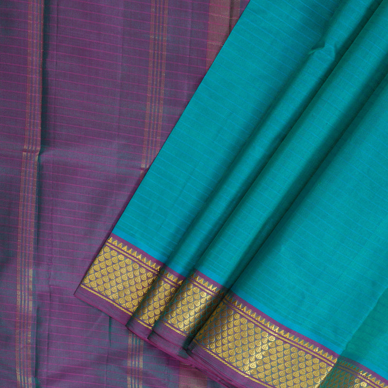 Hayagrivas Handloom Teal Blue Kanjivaram Silk Saree with purplish pink (Shot Colour) Border KBF206E1-11