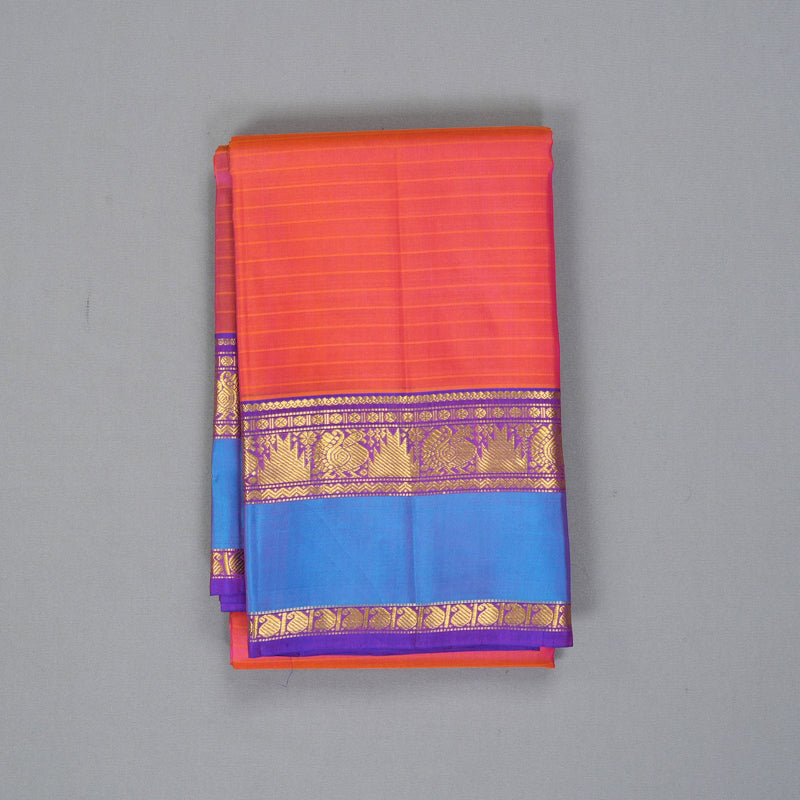 Hayagrivas Handloom Orangish-Pink Kanjivaram Silk Saree with Purple Border KBF206E1-57
