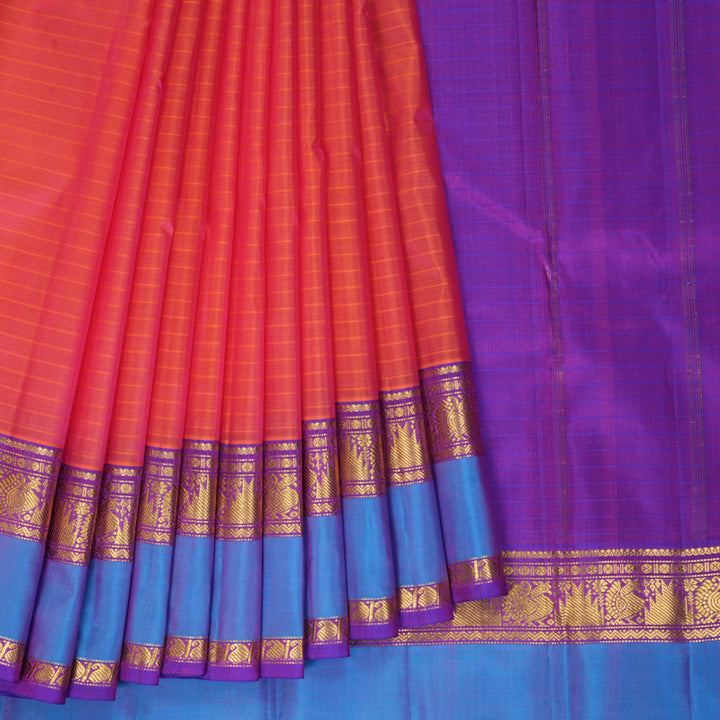 Hayagrivas Handloom Orangish-Pink Kanjivaram Silk Saree with Purple Border KBF206E1-57