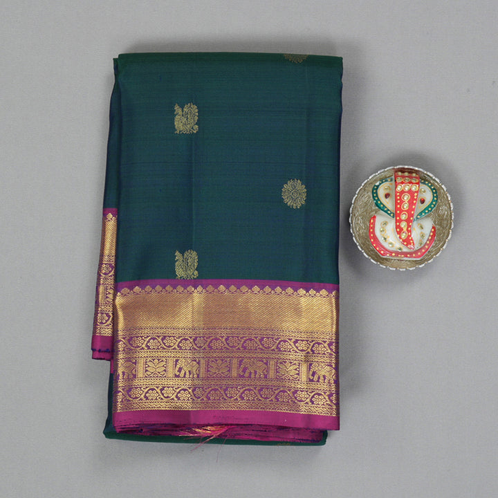 Hayagrivas Handloom Peacock Green Kanjivaram Silk Saree with Magenta Border KBF207E1-18