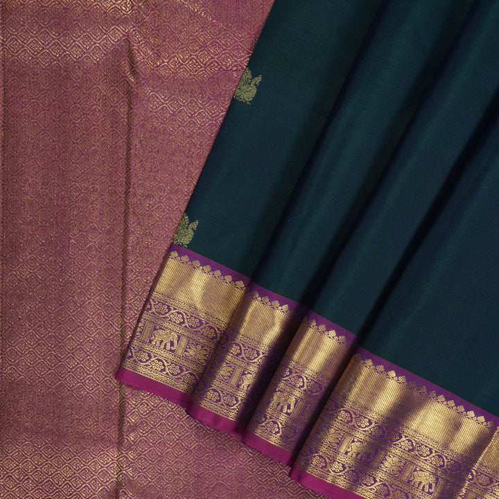 Hayagrivas Handloom Peacock Green Kanjivaram Silk Saree with Magenta Border KBF207E1-18