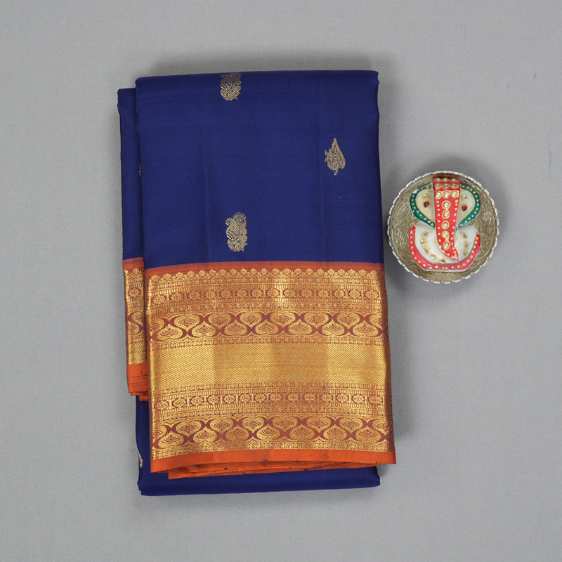 Hayagrivas Handloom Navy Blue Kanjivaram Silk Saree with Rust Orange Border KBF207E1-25