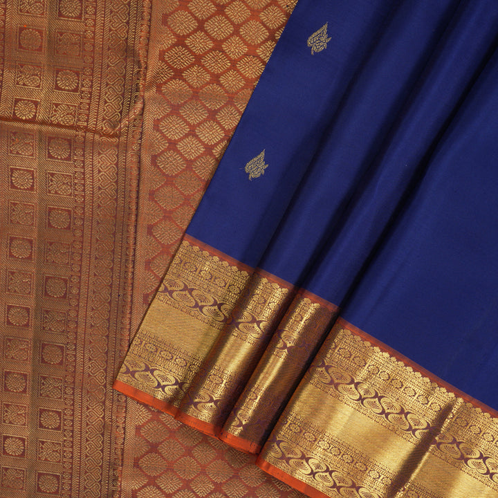 Hayagrivas Handloom Navy Blue Kanjivaram Silk Saree with Rust Orange Border KBF207E1-25