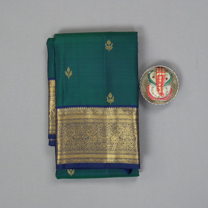 Hayagrivas Handloom Peacock Green Kanjivaram Silk Saree with Navy Blue Border KBF207E1-31