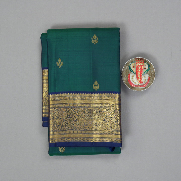 Hayagrivas Handloom Peacock Green Kanjivaram Silk Saree with Navy Blue Border KBF207E1-31