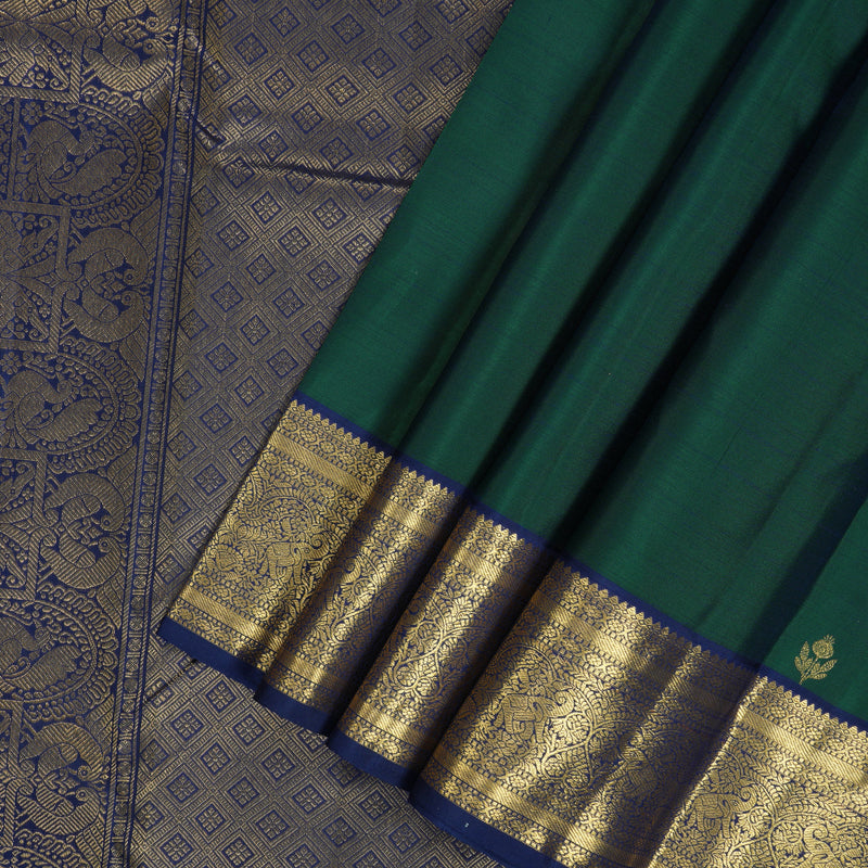 Hayagrivas Handloom Peacock Green Kanjivaram Silk Saree with Navy Blue Border KBF207E1-31