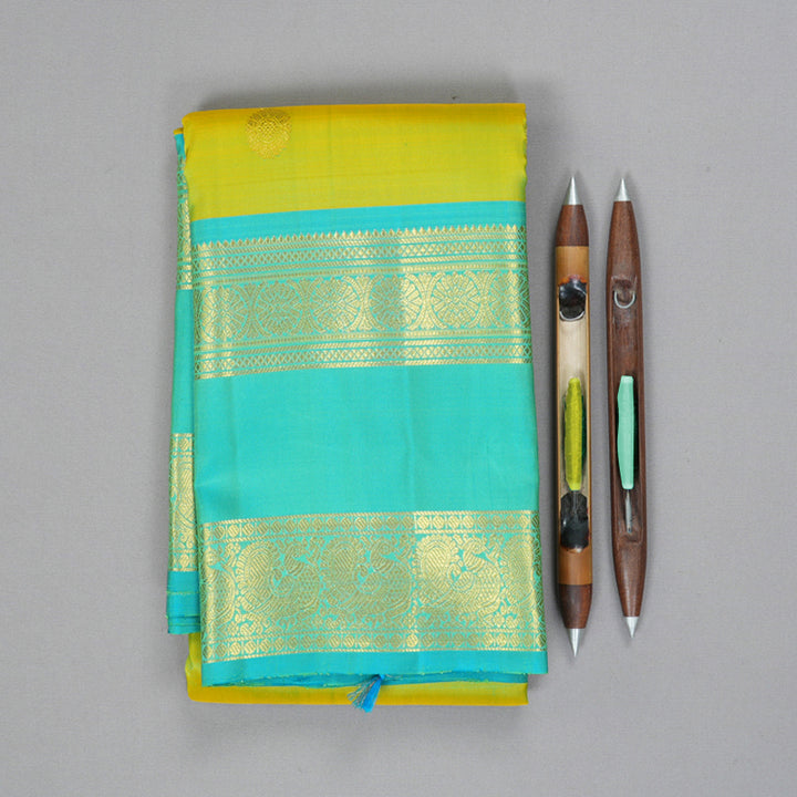 Hayagrivas Handloom Lime Green Kanjivaram Silk Saree with Sky Blue Border KBF207E4-2