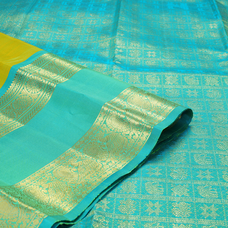 Hayagrivas Handloom Lime Green Kanjivaram Silk Saree with Sky Blue Border KBF207E4-2