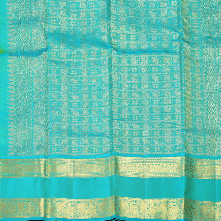 Hayagrivas Handloom Lime Green Kanjivaram Silk Saree with Sky Blue Border KBF207E4-2
