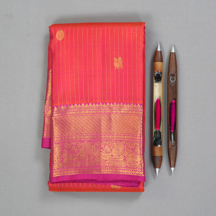 Hayagrivas Handloom Pinkish-Orange Kanjivaram Silk Saree with Pink Border KBF207E7-2