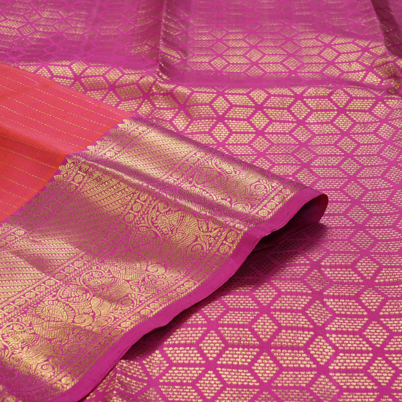 Hayagrivas Handloom Pinkish-Orange Kanjivaram Silk Saree with Pink Border KBF207E7-2