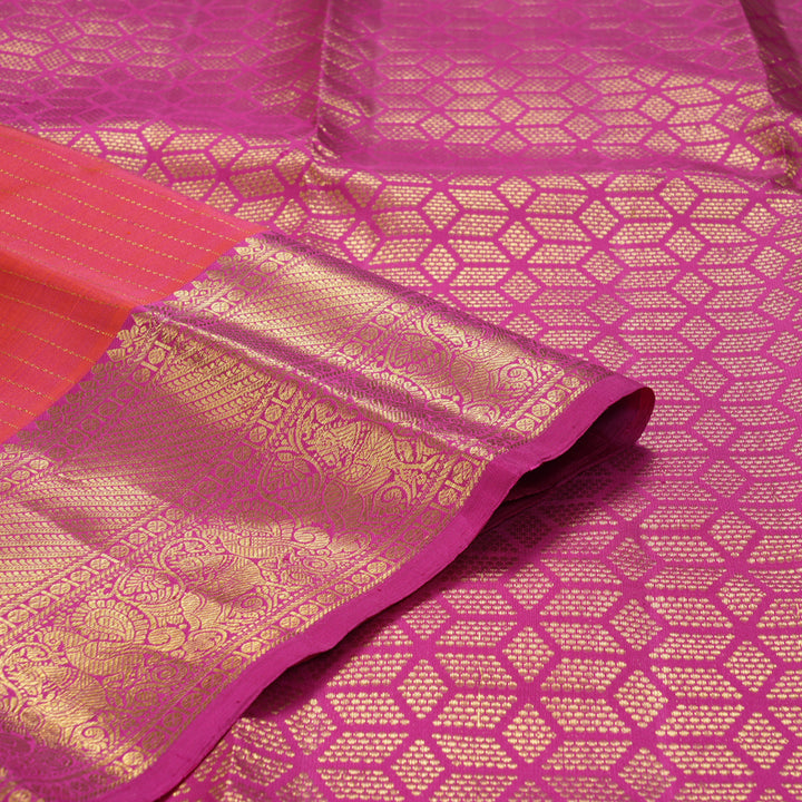 Hayagrivas Handloom Pinkish-Orange Kanjivaram Silk Saree with Pink Border KBF207E7-2