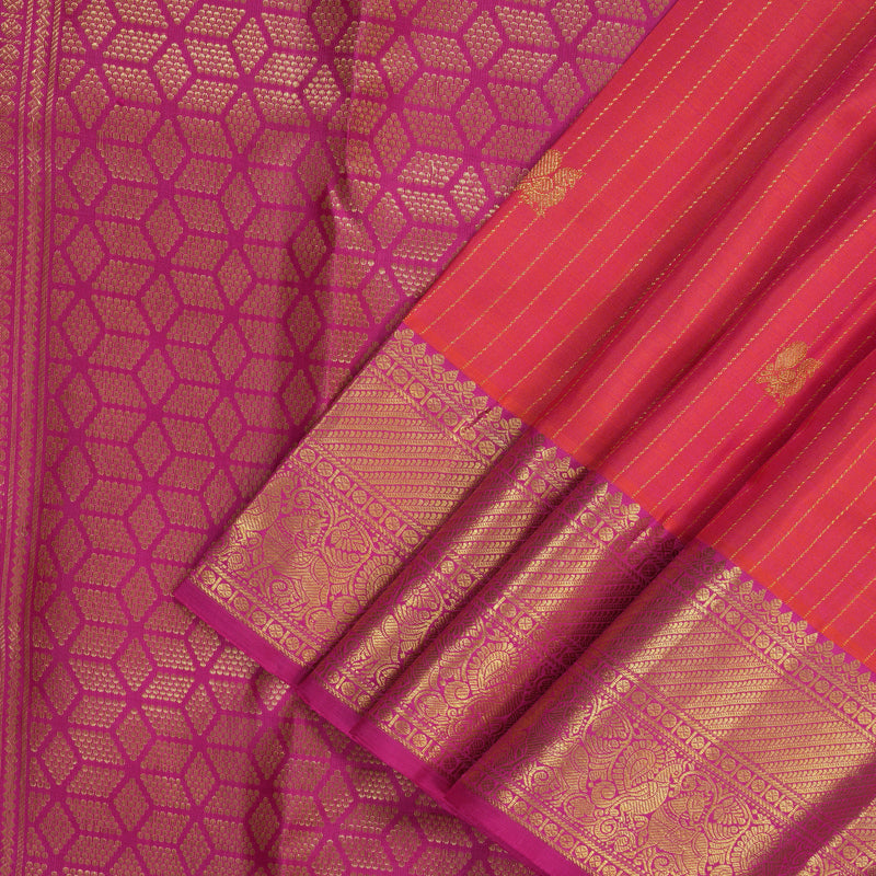 Hayagrivas Handloom Pinkish-Orange Kanjivaram Silk Saree with Pink Border KBF207E7-2