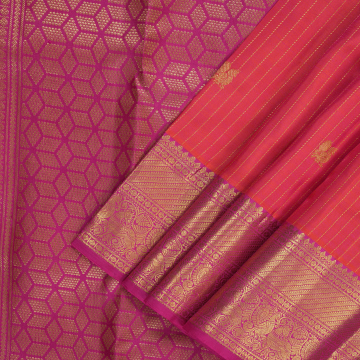 Hayagrivas Handloom Pinkish-Orange Kanjivaram Silk Saree with Pink Border KBF207E7-2