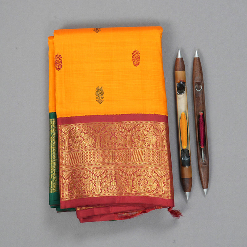 Hayagrivas Handloom Mango Yellow Kanjivaram Silk Saree with Araku Maroon & Green (Ganga Jamuna) Border KBF208E5-2