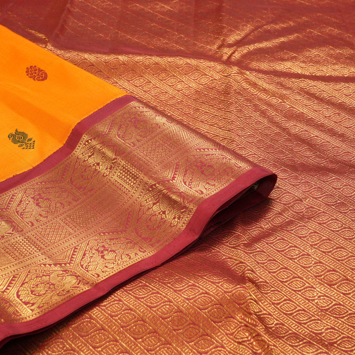 Hayagrivas Handloom Mango Yellow Kanjivaram Silk Saree with Araku Maroon & Green (Ganga Jamuna) Border KBF208E5-2