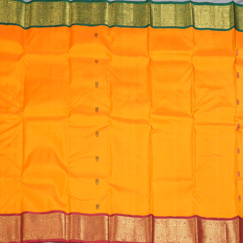 Hayagrivas Handloom Mango Yellow Kanjivaram Silk Saree with Araku Maroon & Green (Ganga Jamuna) Border KBF208E5-2