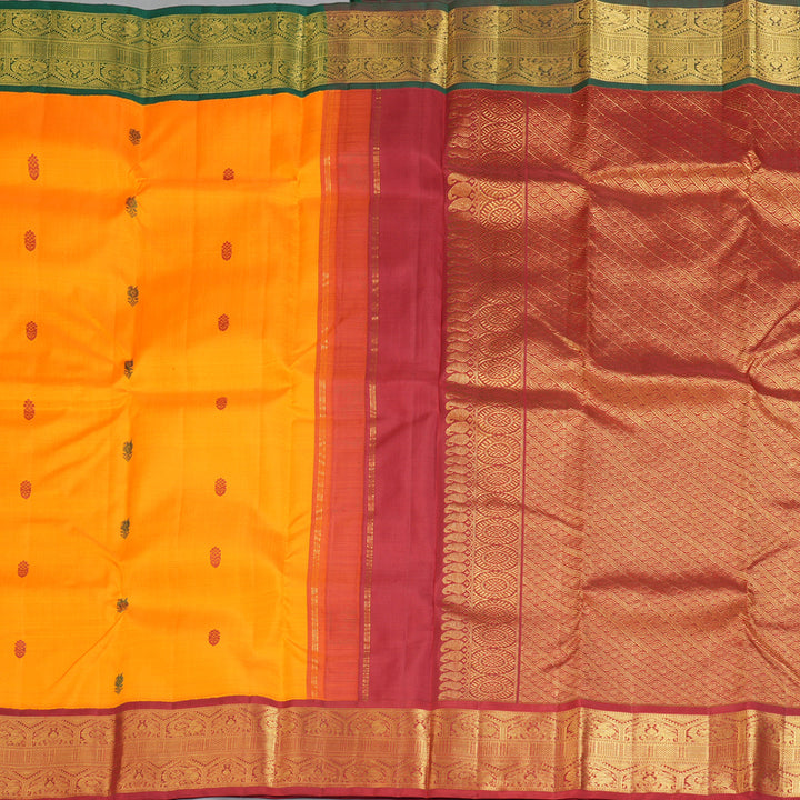 Hayagrivas Handloom Mango Yellow Kanjivaram Silk Saree with Araku Maroon & Green (Ganga Jamuna) Border KBF208E5-2
