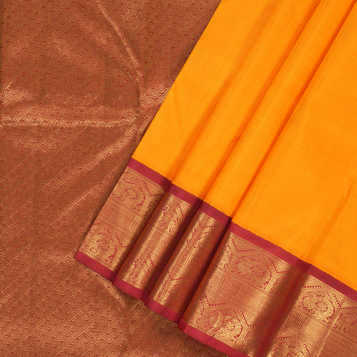 Hayagrivas Handloom Mango Yellow Kanjivaram Silk Saree with Araku Maroon & Green (Ganga Jamuna) Border KBF208E5-2