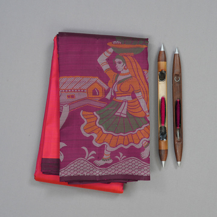 Hayagrivas Handloom Orangish-Pink Kanjivaram Silk Saree with Purple Border KBF20D1-17