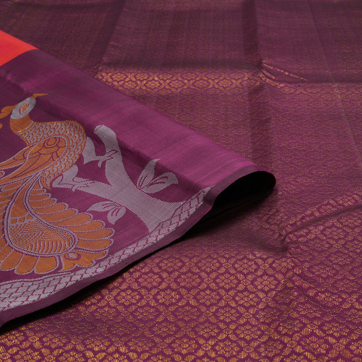 Hayagrivas Handloom Orangish-Pink Kanjivaram Silk Saree with Purple Border KBF20D1-17