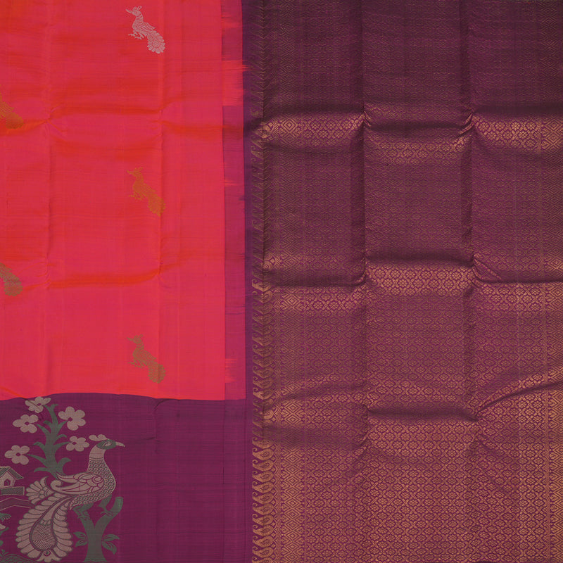 Hayagrivas Handloom Orangish-Pink Kanjivaram Silk Saree with Purple Border KBF20D1-17