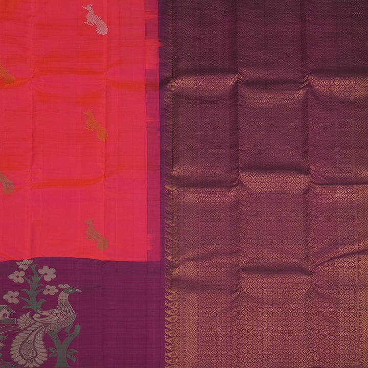 Hayagrivas Handloom Orangish-Pink Kanjivaram Silk Saree with Purple Border KBF20D1-17