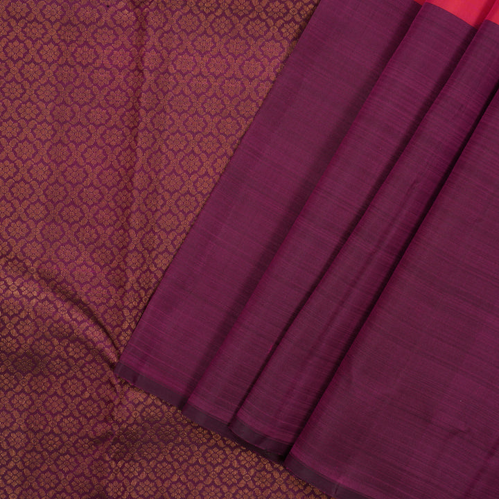 Hayagrivas Handloom Orangish-Pink Kanjivaram Silk Saree with Purple Border KBF20D1-17