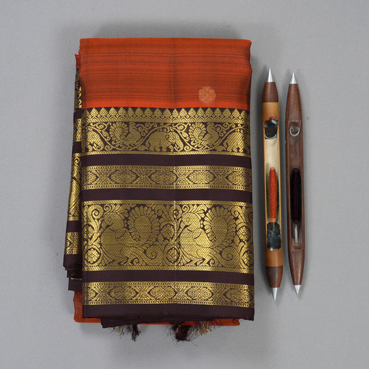 Hayagrivas Handloom Rust Orange Kanjivaram Silk Saree with Kanchana Brown Border KBF210E11-1