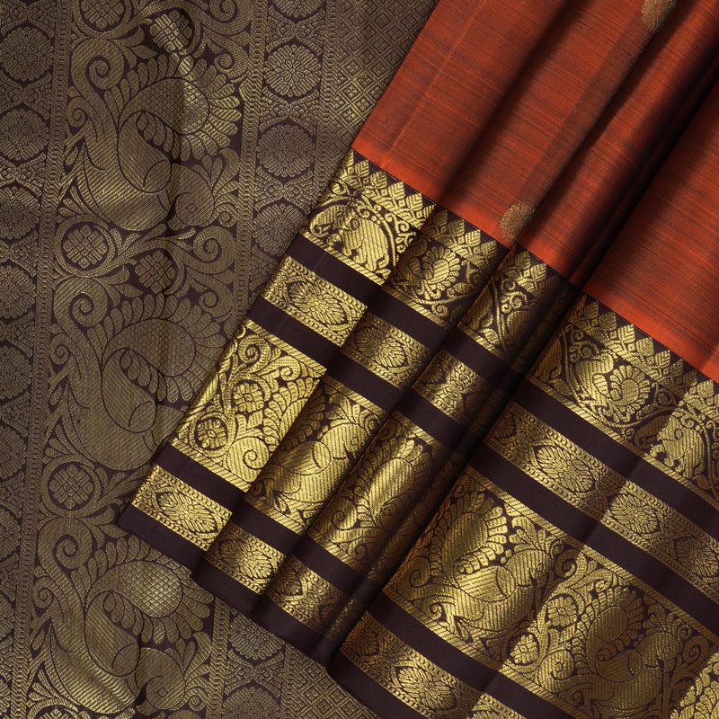 Hayagrivas Handloom Rust Orange Kanjivaram Silk Saree with Kanchana Brown Border KBF210E11-1