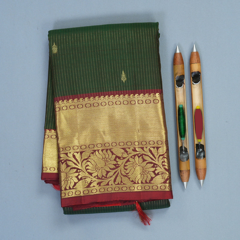 Hayagrivas Handloom Bottle Green Kanjivaram Silk Saree with Maroon Border KBF210E12-2
