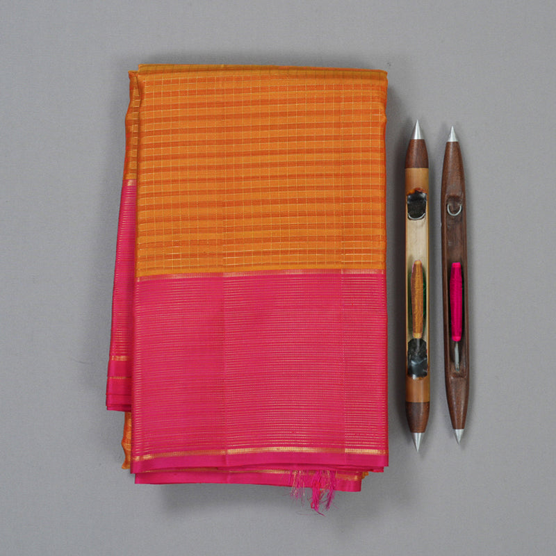 Hayagrivas Handloom Orange Checks Kanjivaram Silk Saree with Pink Border KBF210E17-1