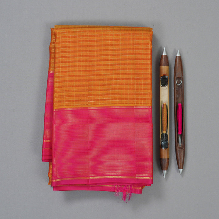 Hayagrivas Handloom Orange Checks Kanjivaram Silk Saree with Pink Border KBF210E17-1