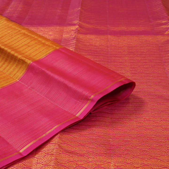 Hayagrivas Handloom Orange Checks Kanjivaram Silk Saree with Pink Border KBF210E17-1